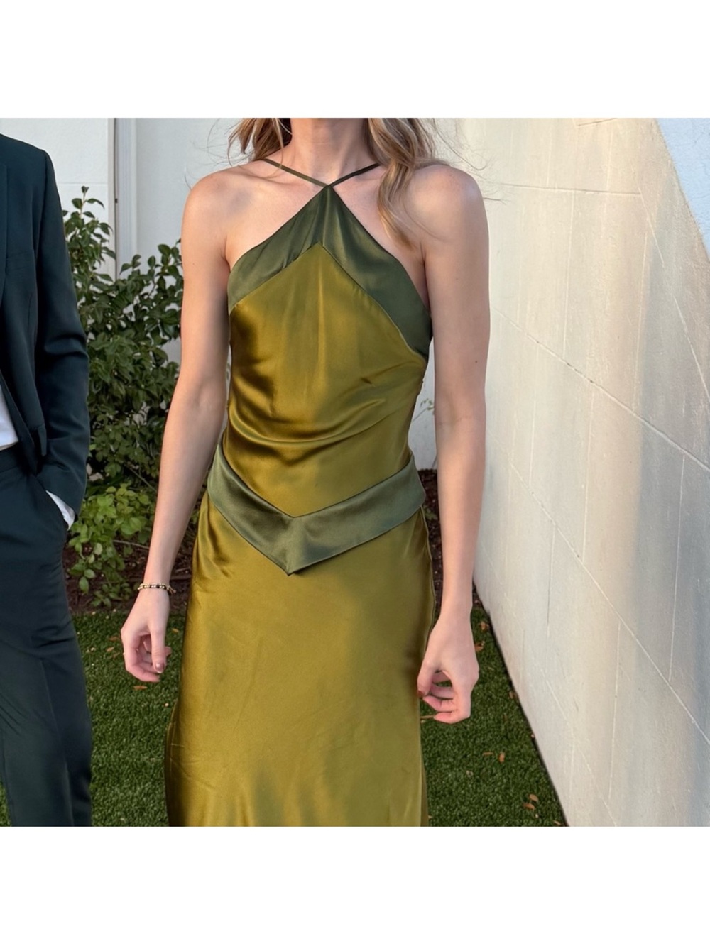 Reformation Jillian Silk Dress in Pear Satin Halter Maxi Evening Gown 6 - Picture 2 of 10